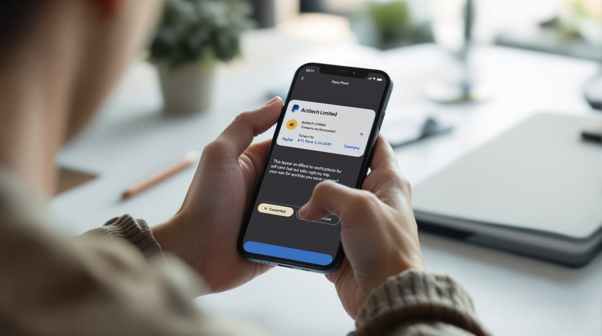 Smartphone-Display zeigt unbekannte PayPal-Abbuchung von Actitech Limited