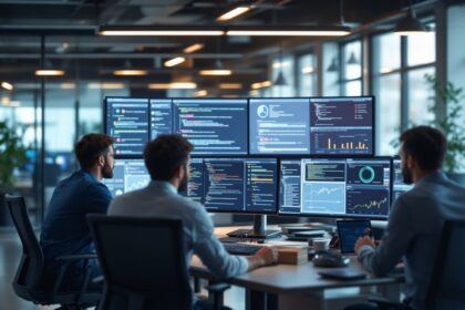 Sicherheitsteam analysiert Application Security Posture Management Dashboard auf großen Monitoren im modernen Büro