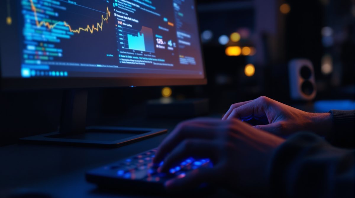 Entwickler analysiert Sicherheitsschwachstellen auf einem Monitor mit ASPM-Risikobewertungs-Interface