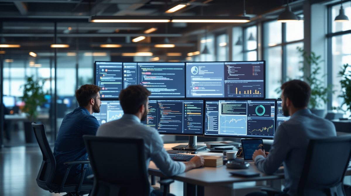 Sicherheitsteam analysiert Application Security Posture Management Dashboard auf großen Monitoren im modernen Büro