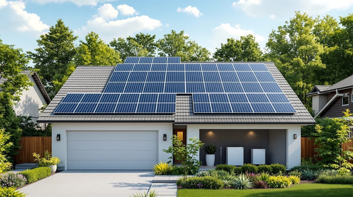 Wohnhaus mit Photovoltaikanlage auf dem Dach und Batteriespeicher – Autarkiegrad Photovoltaik