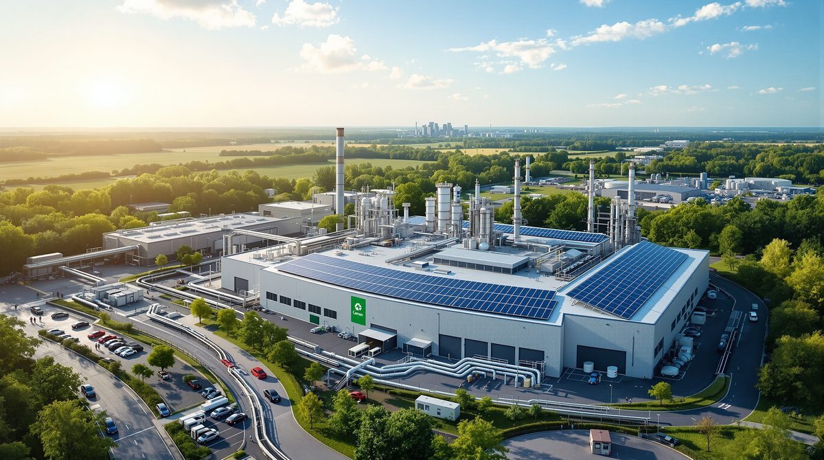 Chemie 4.0 – Nachhaltige Chemieproduktionsanlage mit Solarenergie und Circular-Economy-Ansatz aus der Vogelperspektive