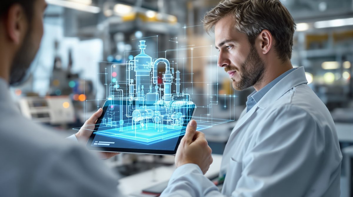 Chemie 4.0 – Wissenschaftler mit Tablet und digitalem Zwilling eines Chemie-Reaktors im Labor