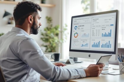 Vermieter nutzt digitale Mietverwaltung Software am Computer im Homeoffice