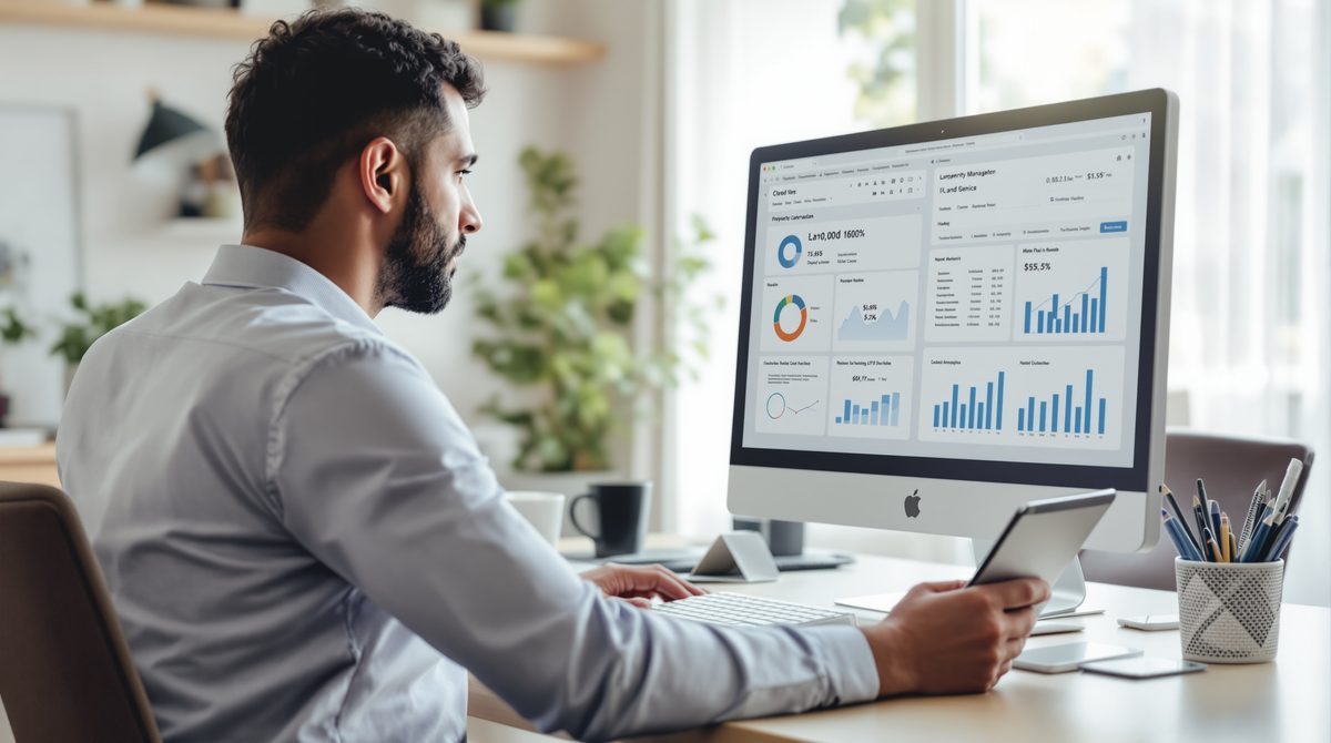 Vermieter nutzt digitale Mietverwaltung Software am Computer im Homeoffice