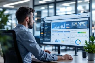 Security Engineer überprüft ASPM-Dashboard mit Risikoübersicht und Schwachstellenanalyse