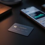 Kreditkarte auf modernem Schreibtisch neben Smartphone mit Cashback-Rewards-Dashboard – Digitales Engagement im Finanzbereich