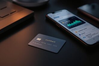 Kreditkarte auf modernem Schreibtisch neben Smartphone mit Cashback-Rewards-Dashboard – Digitales Engagement im Finanzbereich