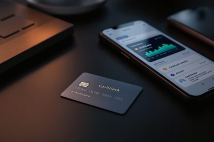 Kreditkarte auf modernem Schreibtisch neben Smartphone mit Cashback-Rewards-Dashboard – Digitales Engagement im Finanzbereich