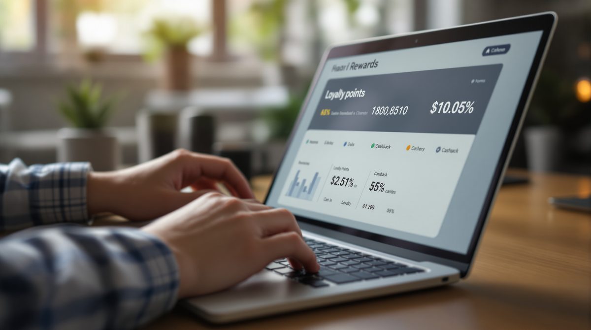 Laptop mit Bonuspunkte- und Cashback-Statistiken auf dem Bildschirm &ndash; strategische Nutzung von Rewards-Programmen