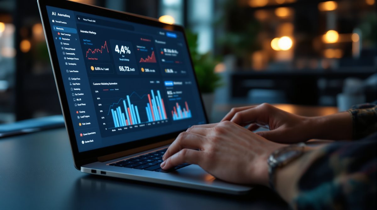Marketing-Profi arbeitet mit KI-gest&uuml;tzter Marketing-Automatisierungssoftware am Laptop