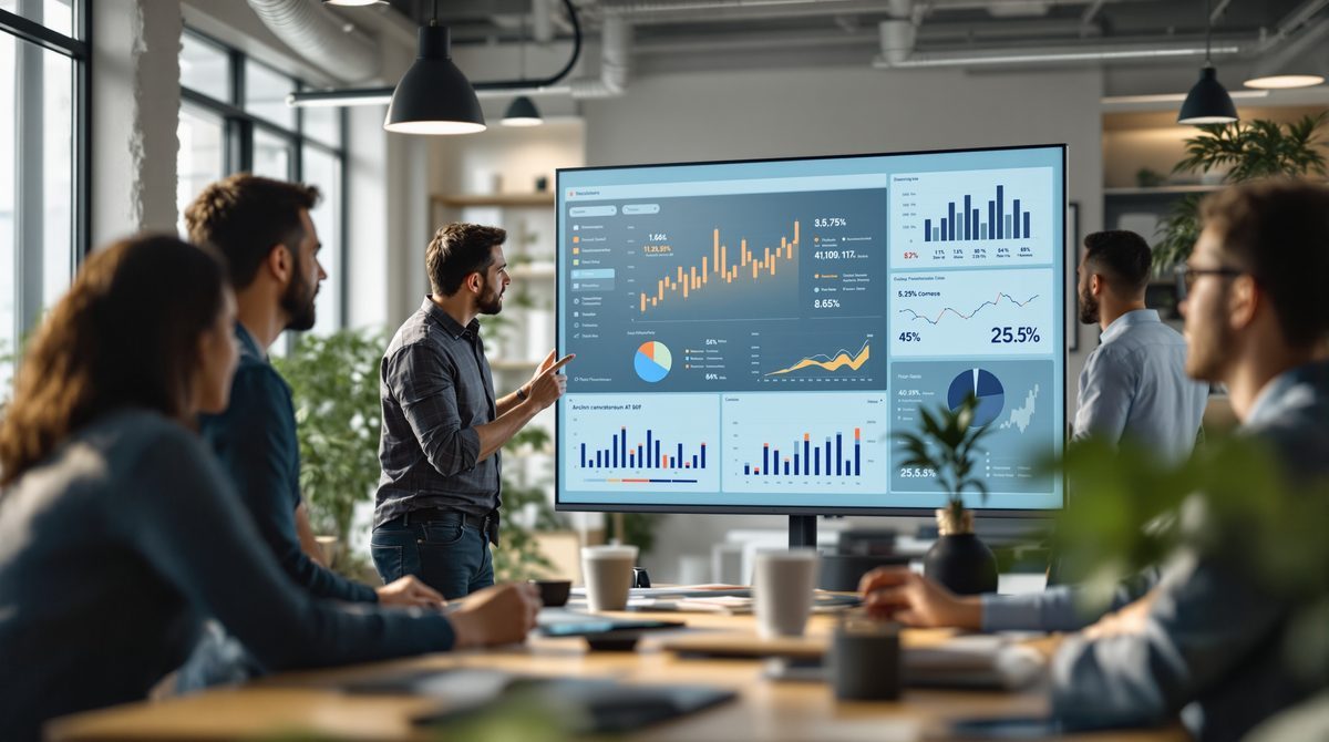 Marketing-Team analysiert digitale Kampagnendaten auf gro&szlig;em Dashboard-Bildschirm im modernen B&uuml;ro