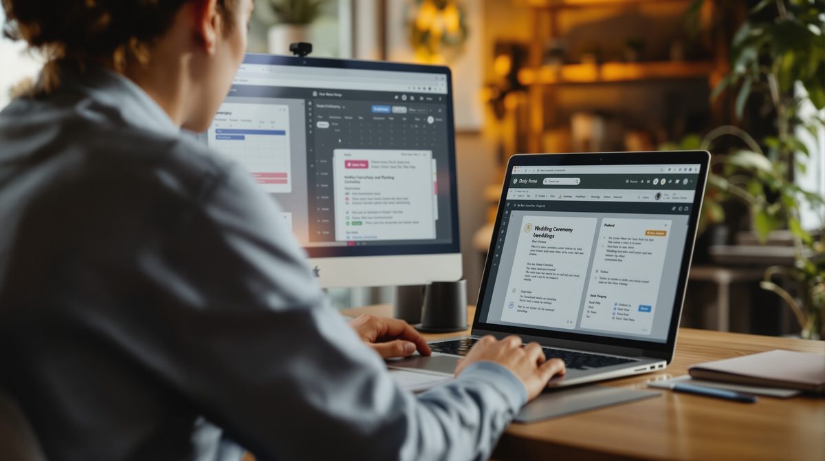 Trauredner arbeitet am Laptop mit CRM-Software und digitalen Planungstools