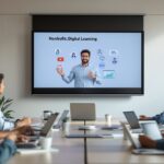 Soziales Bildungsprojekt mit E-Learning: Teilnehmende lernen interaktiv an digitalen Geräten in einem modernen Seminarraum