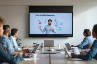 Soziales Bildungsprojekt mit E-Learning: Teilnehmende lernen interaktiv an digitalen Geräten in einem modernen Seminarraum