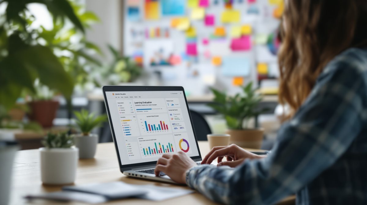 E-Learning Evaluation: Bildungsverantwortliche analysieren Lernfortschrittsdaten am Laptop