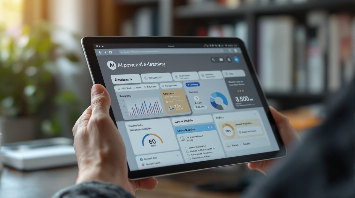 Interaktives E-Learning-Dashboard auf einem Tablet &ndash; digitale Weiterbildung der Zukunft
