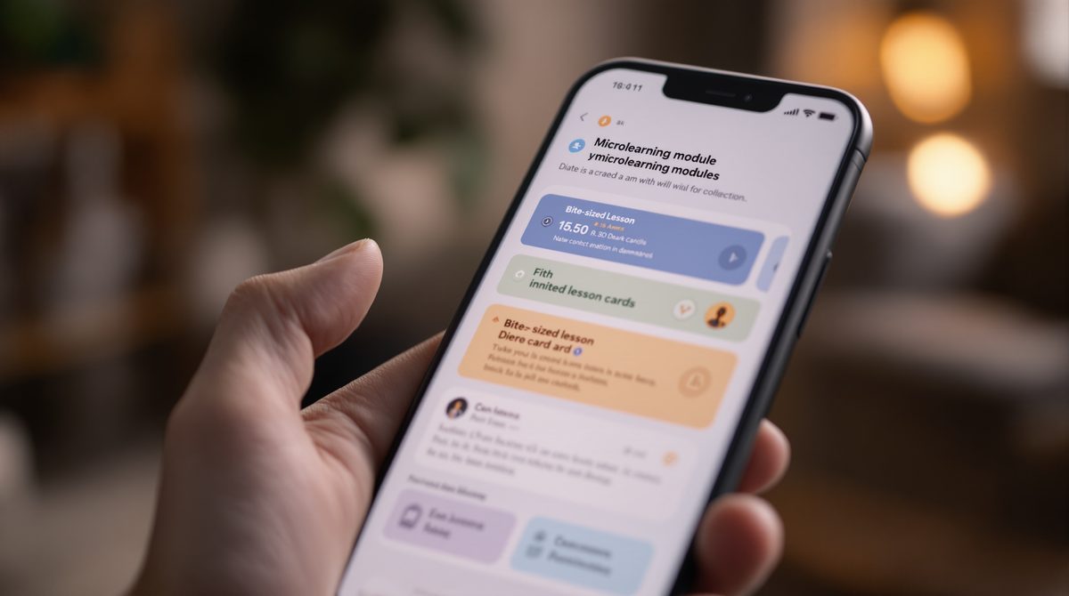 Smartphone mit Microlearning-Modul und Gamification-Badges für mobiles Lernen