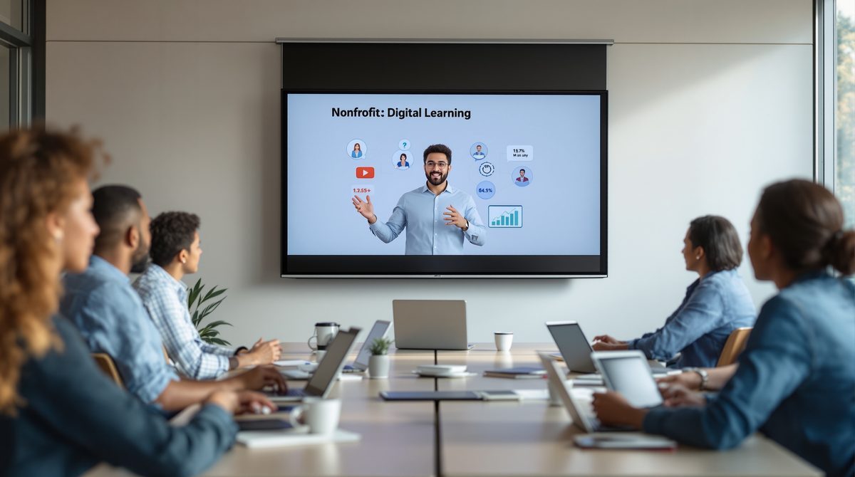 Soziales Bildungsprojekt mit E-Learning: Teilnehmende lernen interaktiv an digitalen Geräten in einem modernen Seminarraum