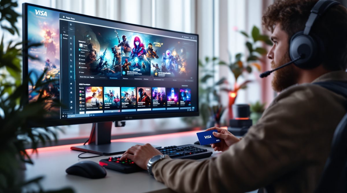 Gamer kauft Visa Gutschein auf digitalem Spielemarktplatz – Eneba Visa Gutschein kaufen