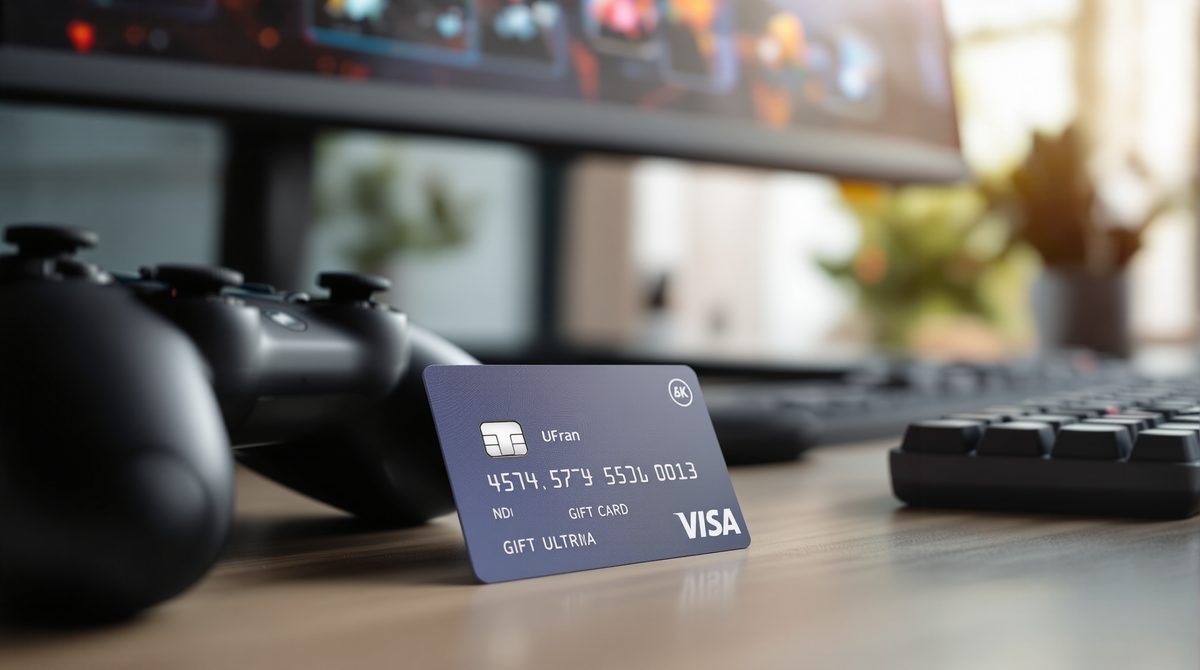 Visa Geschenkkarte neben Gaming Controller – digitale Zahlungsmethoden für Gamer