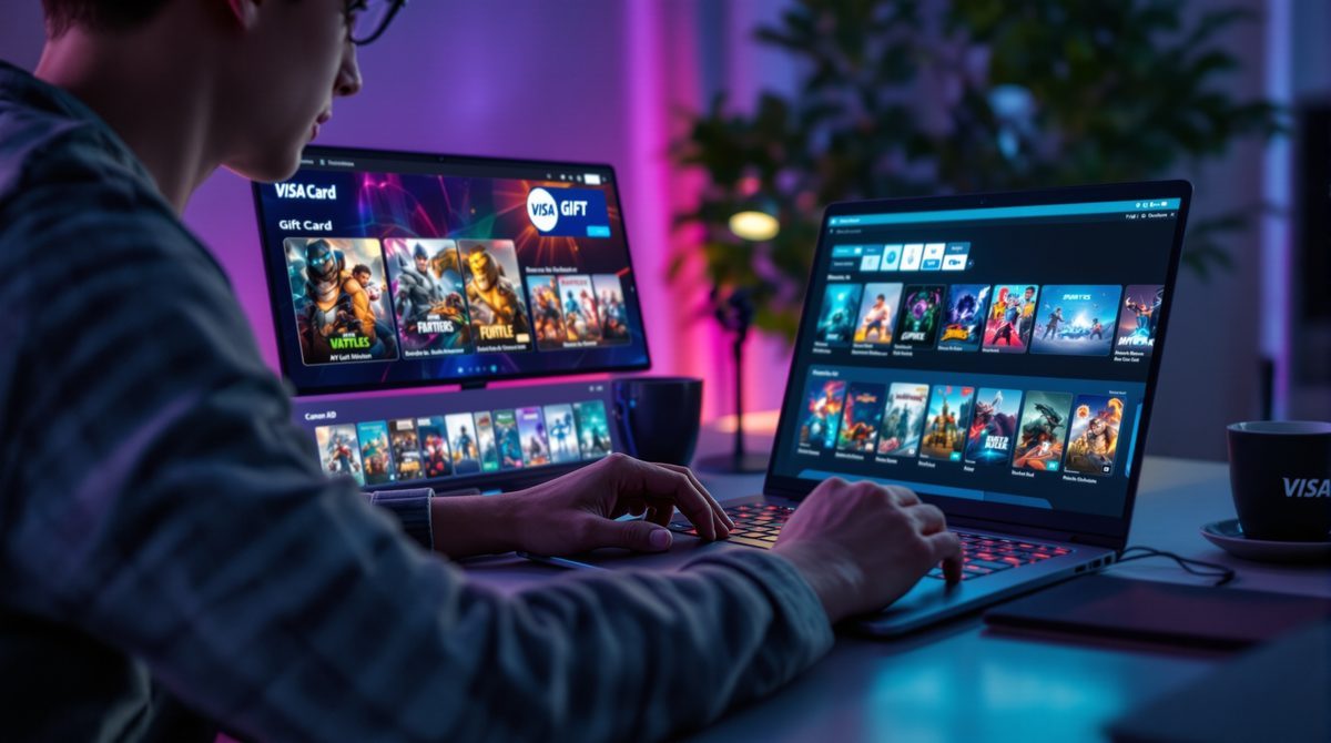 Gamer kauft Visa Gutschein online auf einem digitalen Spielemarktplatz