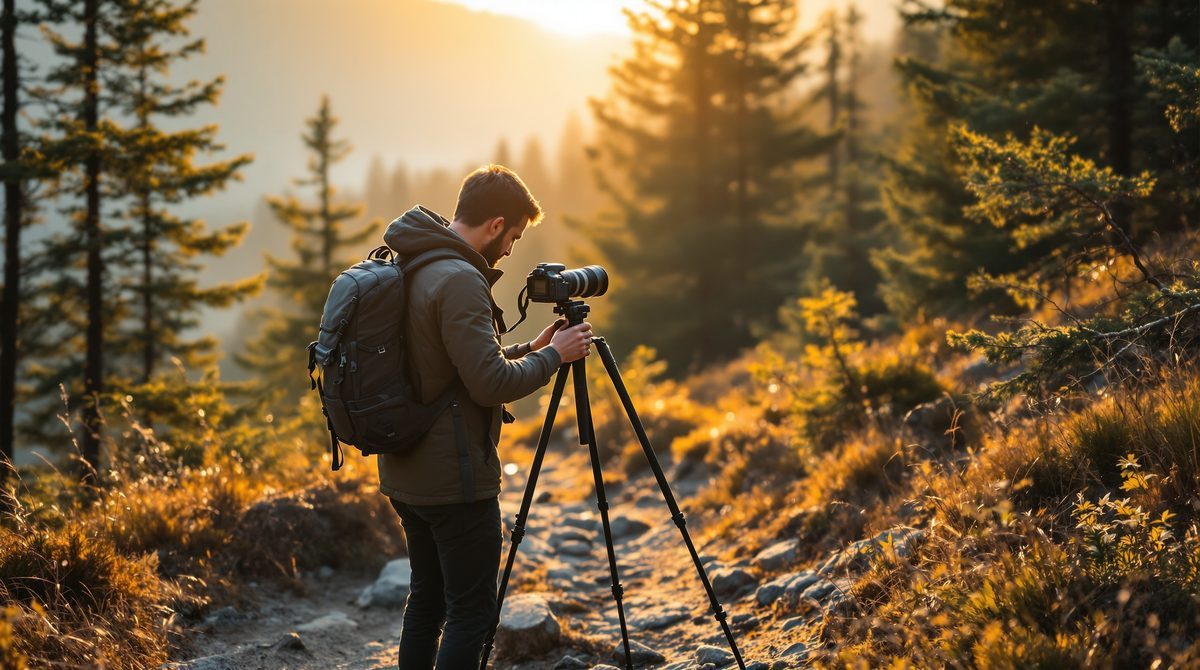 Fotograf im Freien mit Stativ und DSLR-Kamera beim Fotografieren in der Natur