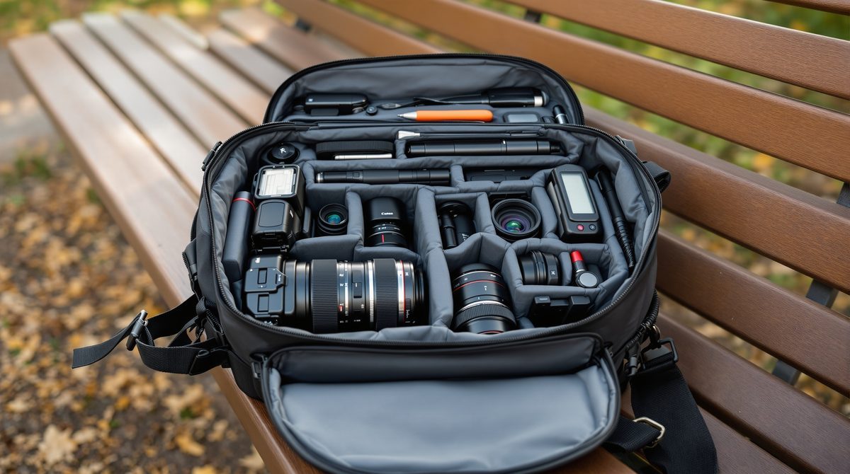 Geöffneter Fotorucksack mit Kamera, Objektiven, Blitz und Reinigungsset in gepolsterten Fächern
