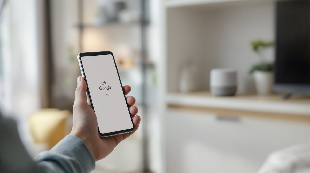 Person spricht „Ok Google mein Gerät einrichten