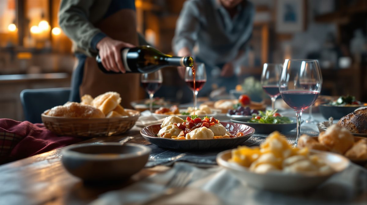 Traditionelle georgische Supra-Tafel mit Khinkali, Wein und regionalen Spezialitäten in einem familiengeführten Gästehaus in Swanetien