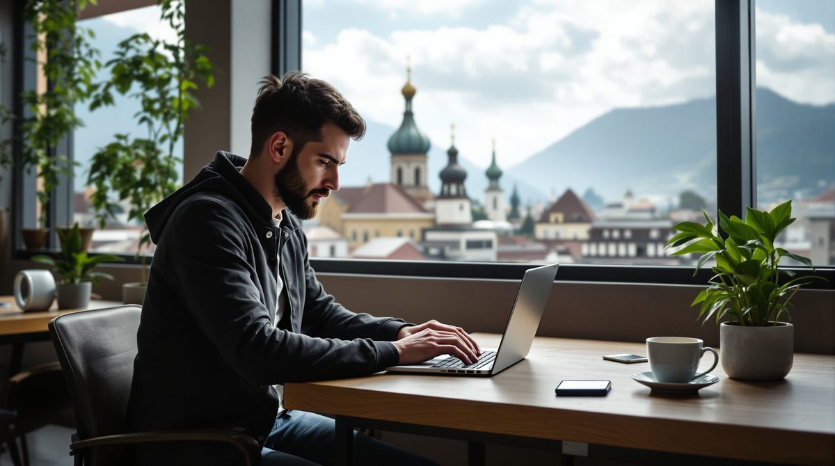 Digitaler Nomade arbeitet auf einem Laptop in einem modernen Coworking-Space in Tiflis mit Blick auf die georgische Altstadt