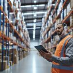 Lagerverwaltungssoftware im Einsatz – Lagerleiter prüft Bestandsdaten auf Tablet in modernem Distributionszentrum