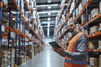 Lagerverwaltungssoftware im Einsatz – Lagerleiter prüft Bestandsdaten auf Tablet in modernem Distributionszentrum