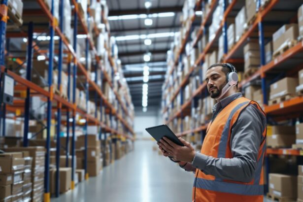 Lagerverwaltungssoftware im Einsatz – Lagerleiter prüft Bestandsdaten auf Tablet in modernem Distributionszentrum