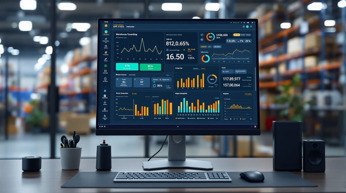 Lagerverwaltungssoftware Dashboard &ndash; Echtzeit-Bestands&uuml;bersicht und KPI-Auswertungen auf Computermonitor