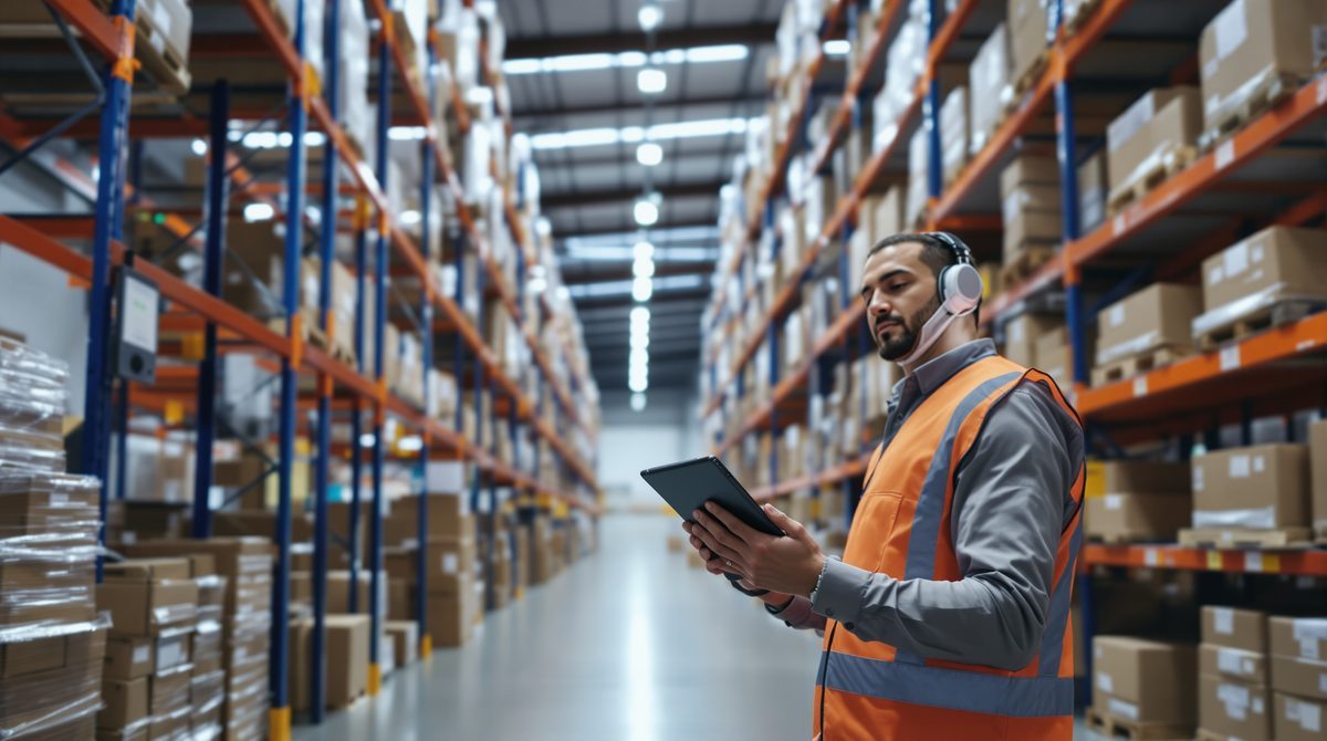 Lagerverwaltungssoftware im Einsatz – Lagerleiter prüft Bestandsdaten auf Tablet in modernem Distributionszentrum