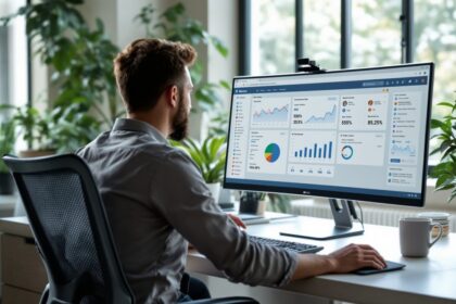 Meta Business Suite Dashboard auf einem Desktop-Monitor in einem modernen Büro