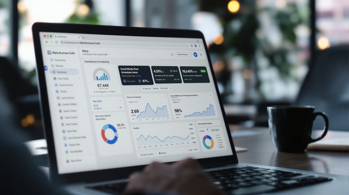 Meta Business Suite Dashboard mit Post-Planung und Analyse-Metriken auf einem Laptop