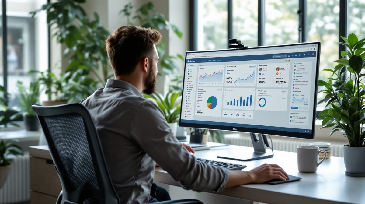 Meta Business Suite Dashboard auf einem Desktop-Monitor in einem modernen Büro