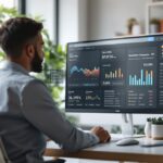 Newsletter-Tools im Einsatz: Marketer analysiert E-Mail-Kampagnen-Dashboard auf Monitor