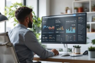 Newsletter-Tools im Einsatz: Marketer analysiert E-Mail-Kampagnen-Dashboard auf Monitor