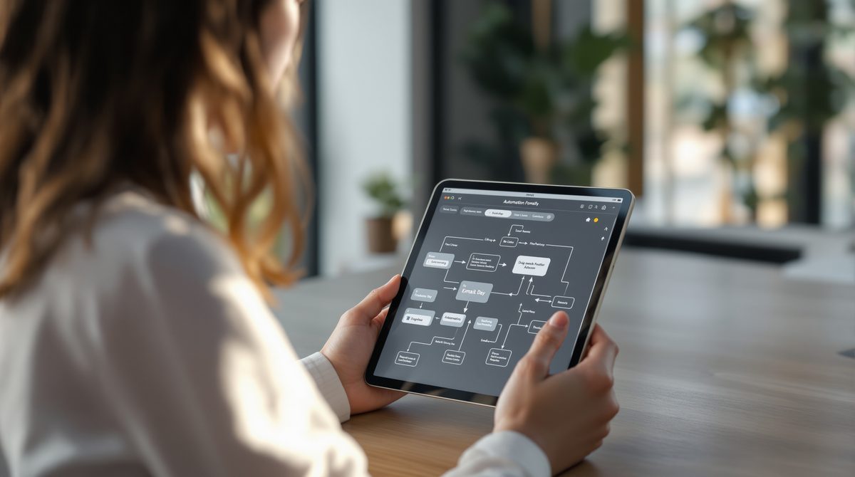 Frau mit Tablet zeigt automatisierten E-Mail-Workflow mit Drag-and-Drop-Automatisierungsdiagramm