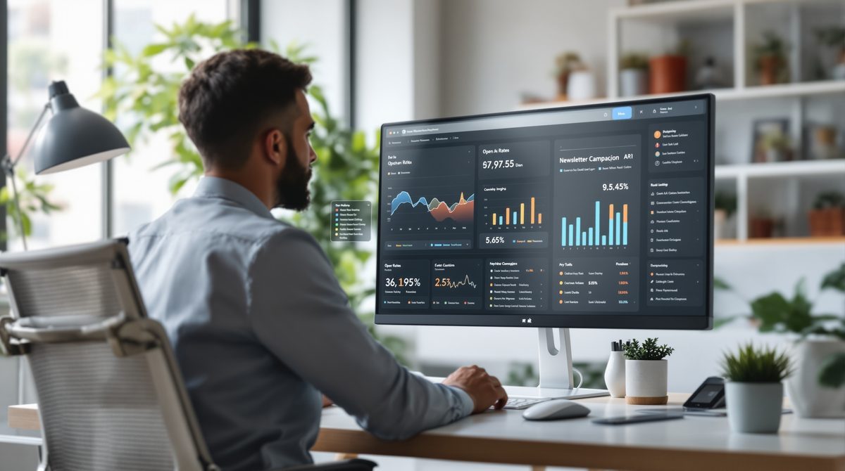 Newsletter-Tools im Einsatz: Marketer analysiert E-Mail-Kampagnen-Dashboard auf Monitor