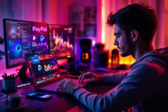 Junger Gamer kauft PayPal Gutscheine online am Laptop mit Gaming-Setup