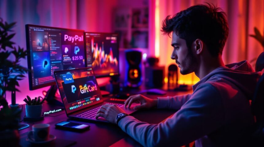 Junger Gamer kauft PayPal Gutscheine online am Laptop mit Gaming-Setup