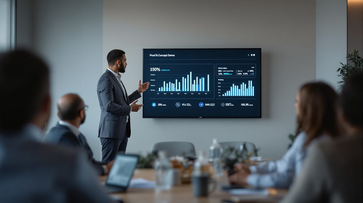 Startup-Gründer präsentiert Proof of Concept Demo vor Investoren im Konferenzraum
