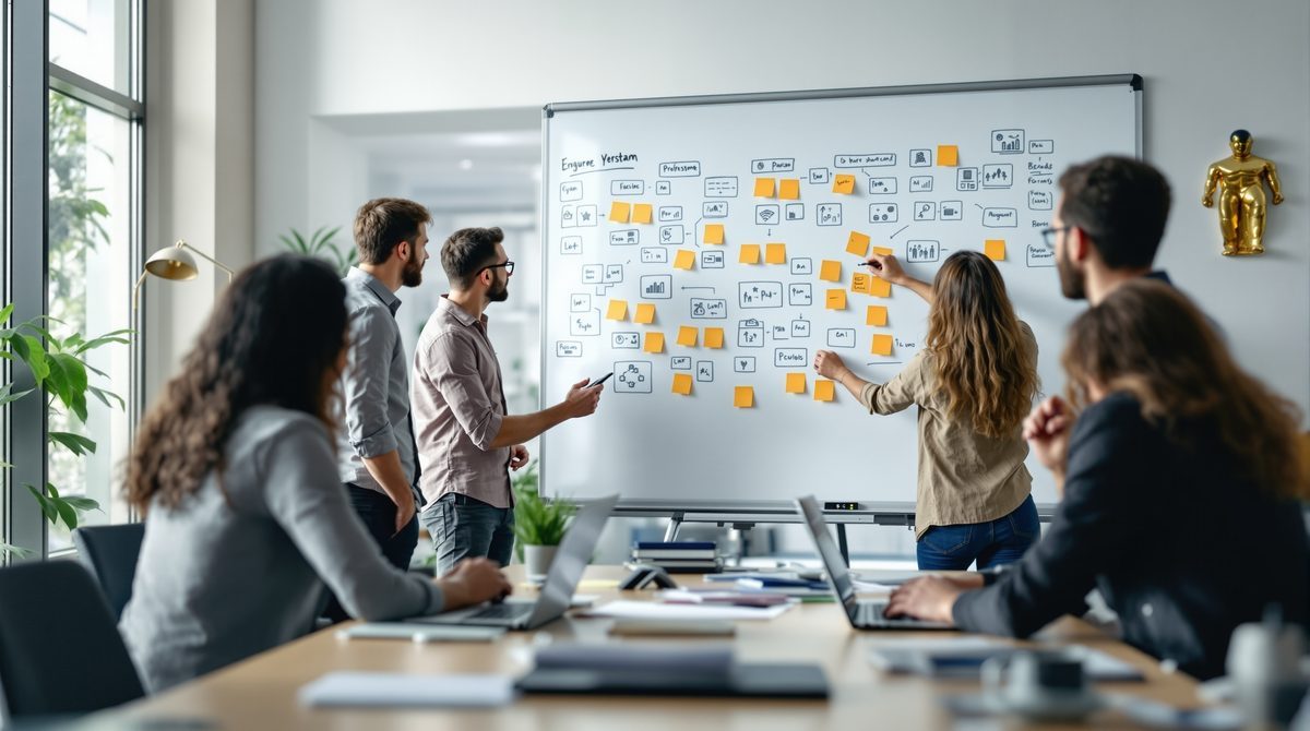 Team erarbeitet Proof of Concept am Whiteboard mit Diagrammen und Prototyp-Skizzen