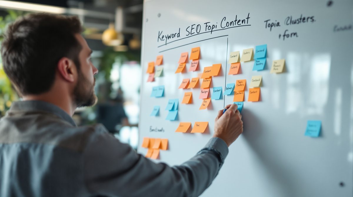 SEO Content-Strategie &ndash; Keyword-Cluster und Themenkarten auf einem Whiteboard in einer Agentur
