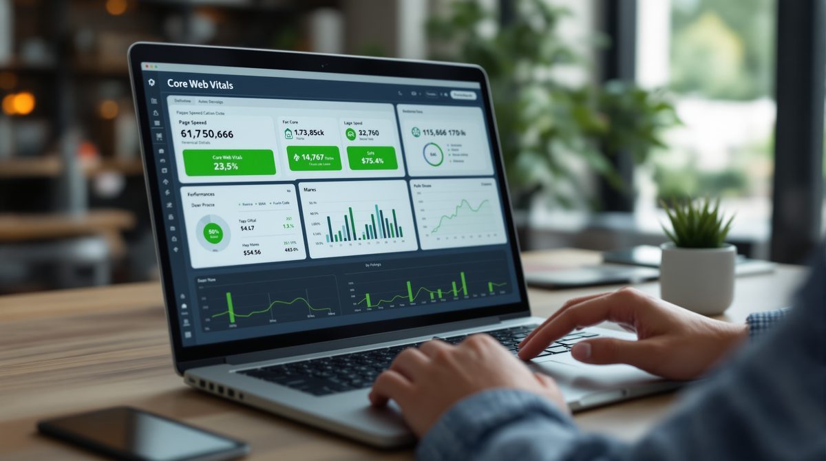 Technische SEO &ndash; Core Web Vitals und Page Speed Analyse auf einem Laptop-Bildschirm
