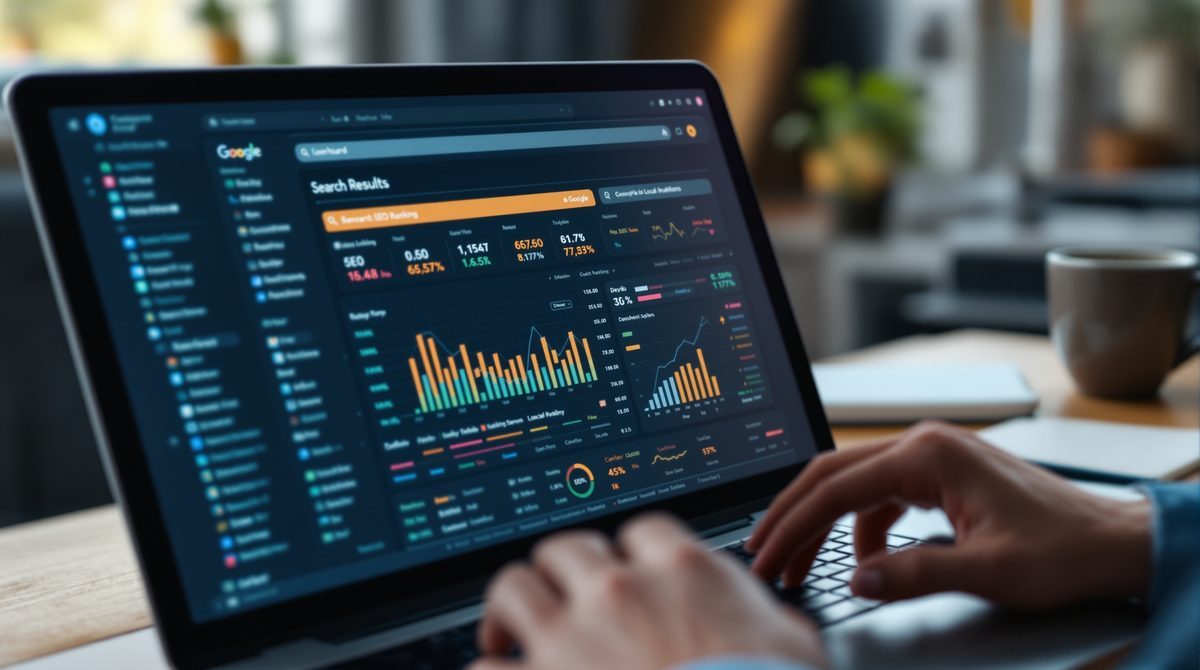 SEO-Dashboard und Google-Suchergebnisse auf Laptop-Bildschirm für KMU-Strategie